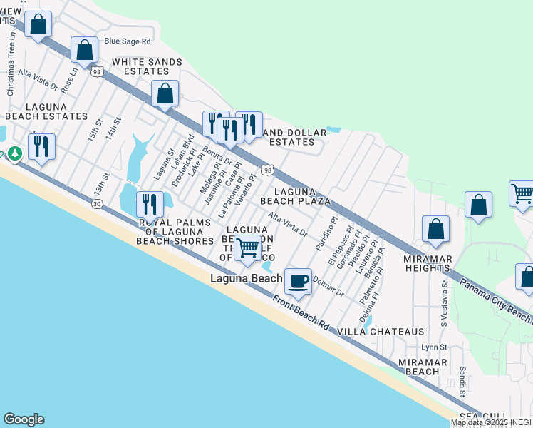 map of restaurants, bars, coffee shops, grocery stores, and more near 224 Corto Pl in Panama City Beach
