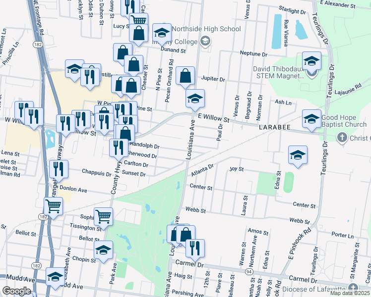 map of restaurants, bars, coffee shops, grocery stores, and more near 259 Randolph Drive in Lafayette