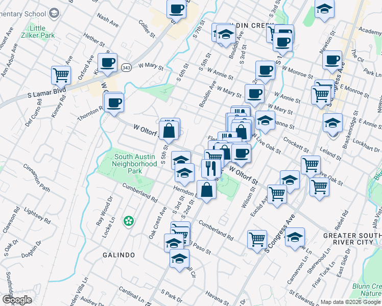 map of restaurants, bars, coffee shops, grocery stores, and more near 2412 Oak Crest Avenue in Austin