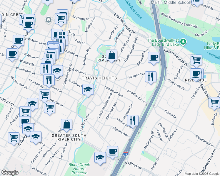map of restaurants, bars, coffee shops, grocery stores, and more near 1710 Travis Heights Boulevard in Austin