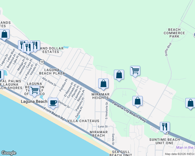 map of restaurants, bars, coffee shops, grocery stores, and more near 145 North Wells Street in Panama City Beach