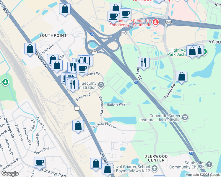 map of restaurants, bars, coffee shops, grocery stores, and more near 8200 White Falls Boulevard in Jacksonville