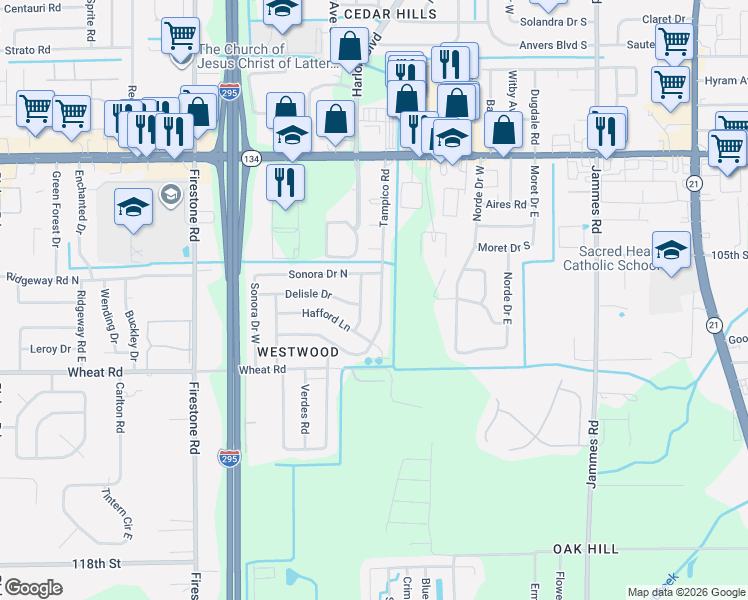 map of restaurants, bars, coffee shops, grocery stores, and more near 6905 Delisle Drive in Jacksonville