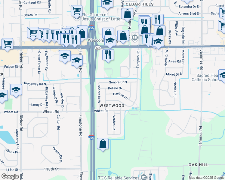 map of restaurants, bars, coffee shops, grocery stores, and more near 7028 Delisle Drive in Jacksonville
