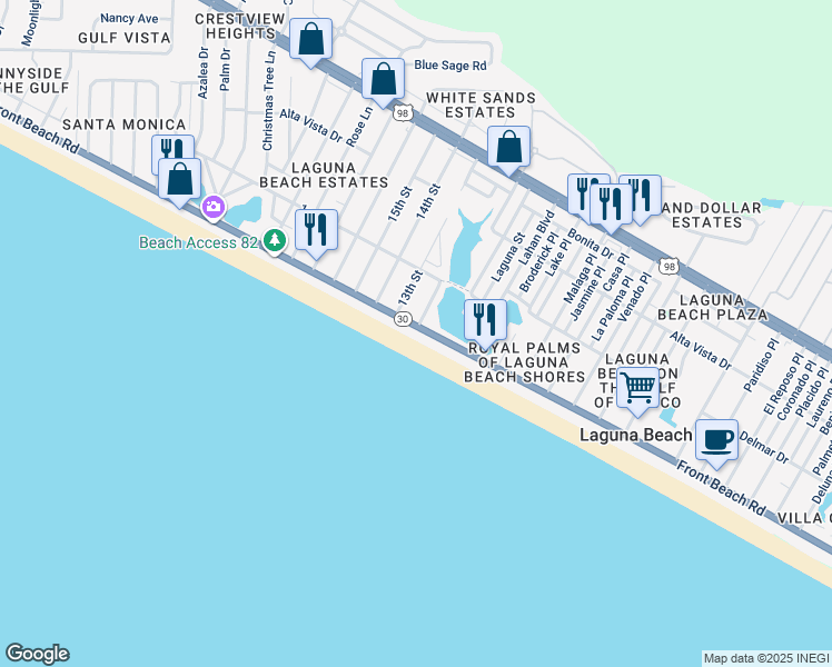 map of restaurants, bars, coffee shops, grocery stores, and more near 19978 Front Beach Road in Panama City