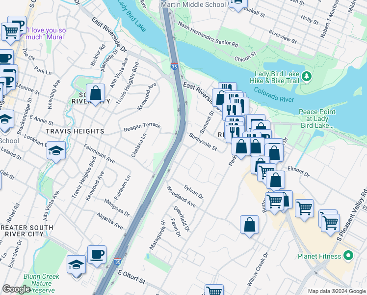 map of restaurants, bars, coffee shops, grocery stores, and more near 1503 North Interstate 35 Frontage Road in Austin