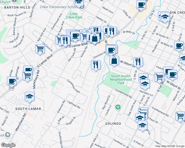 map of restaurants, bars, coffee shops, grocery stores, and more near 2413 Thornton Road in Austin