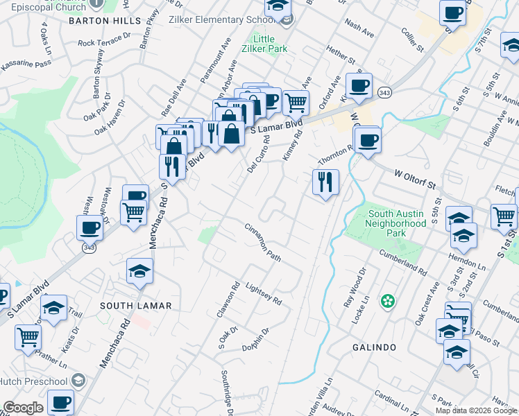 map of restaurants, bars, coffee shops, grocery stores, and more near 1803 Village Oak Court in Austin