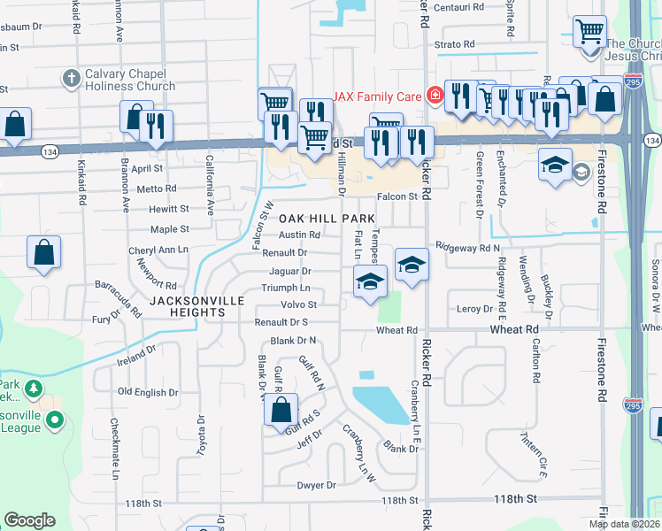 map of restaurants, bars, coffee shops, grocery stores, and more near 5745 Hillman Drive in Jacksonville