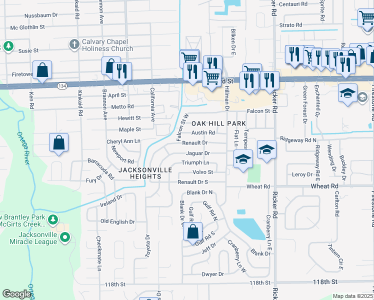 map of restaurants, bars, coffee shops, grocery stores, and more near 7957 Jaguar Drive in Jacksonville