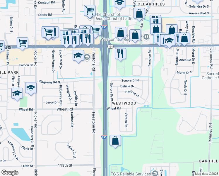 map of restaurants, bars, coffee shops, grocery stores, and more near 5806 Sonora Drive West in Jacksonville