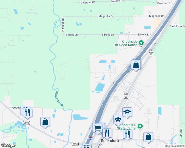 map of restaurants, bars, coffee shops, grocery stores, and more near 26084 Etta Rd in Splendora