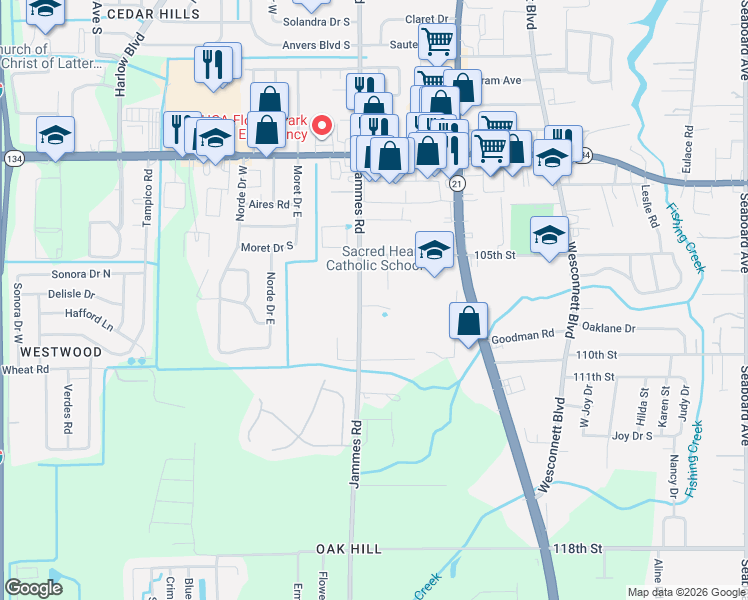 map of restaurants, bars, coffee shops, grocery stores, and more near 5813 Jammes Road in Jacksonville