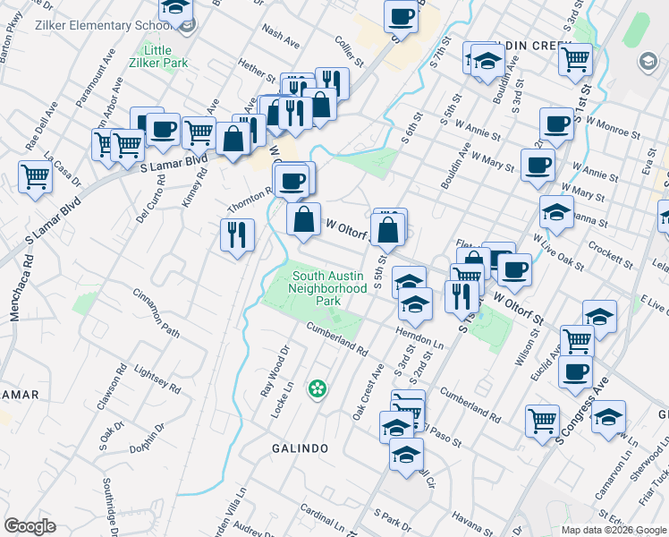 map of restaurants, bars, coffee shops, grocery stores, and more near 1111 Fieldcrest Drive in Austin