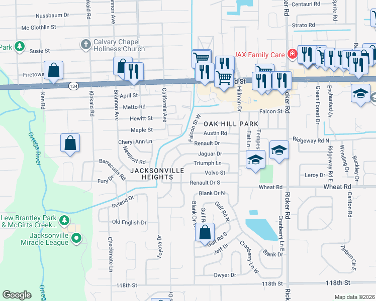 map of restaurants, bars, coffee shops, grocery stores, and more near 8015 Jaguar Drive in Jacksonville