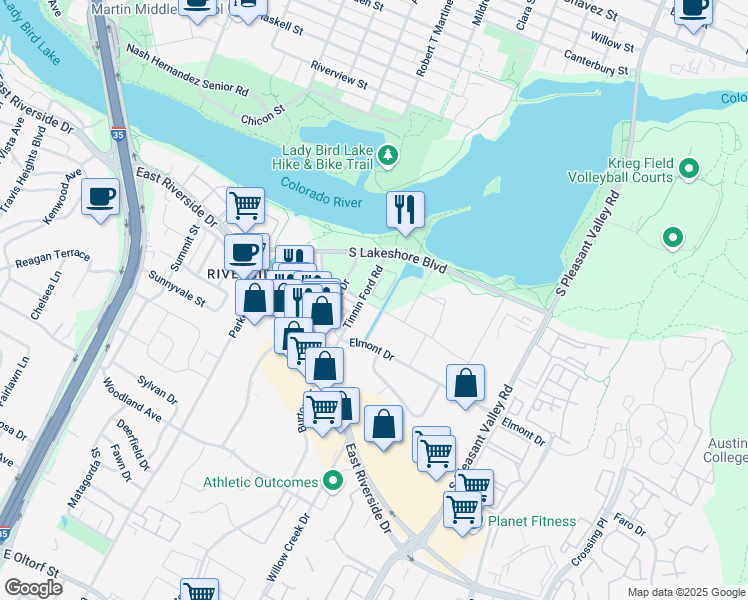 map of restaurants, bars, coffee shops, grocery stores, and more near 1301 Tinnin Ford Road in Austin