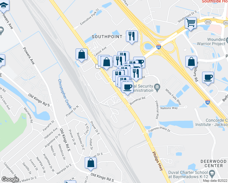 map of restaurants, bars, coffee shops, grocery stores, and more near 7150 Philips Highway in Jacksonville