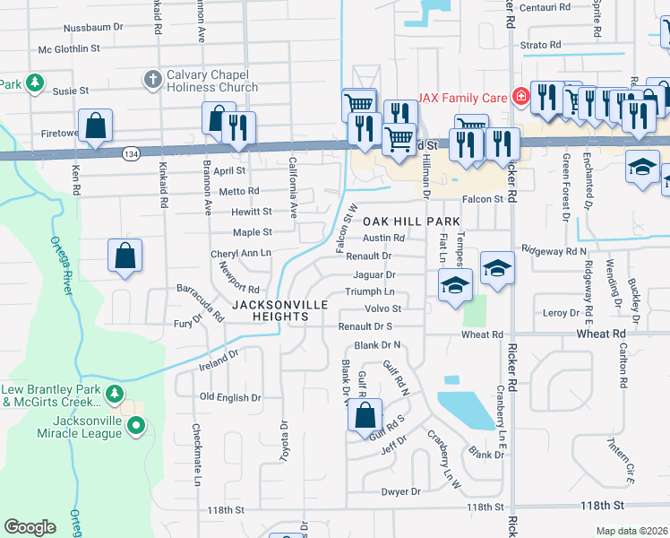 map of restaurants, bars, coffee shops, grocery stores, and more near 8015 Jaguar Drive in Jacksonville