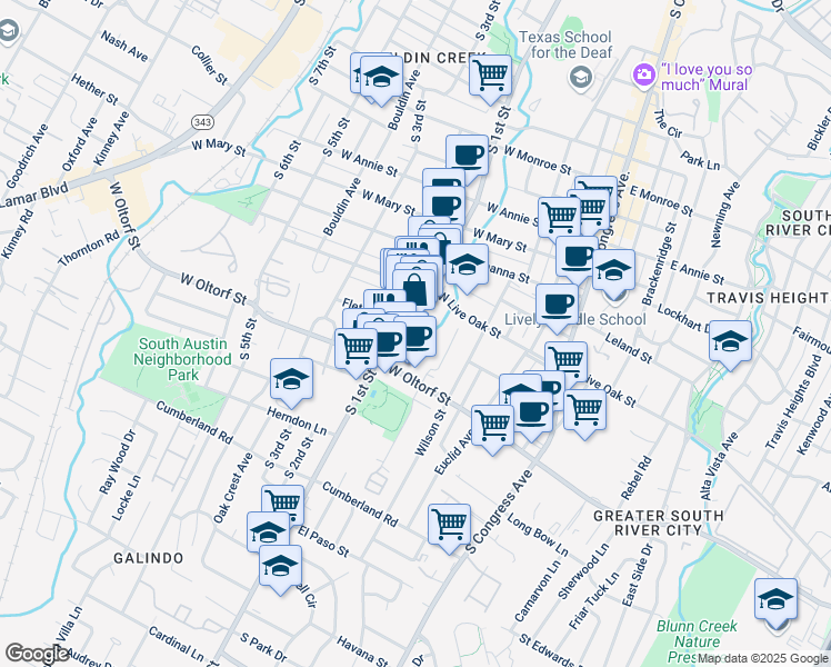 map of restaurants, bars, coffee shops, grocery stores, and more near 2301 South 1st Street in Austin
