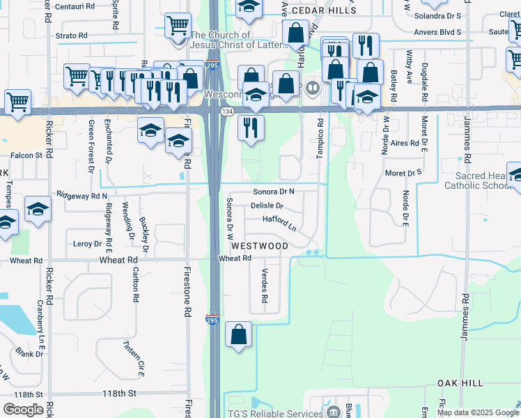 map of restaurants, bars, coffee shops, grocery stores, and more near 7028 Delisle Drive in Jacksonville