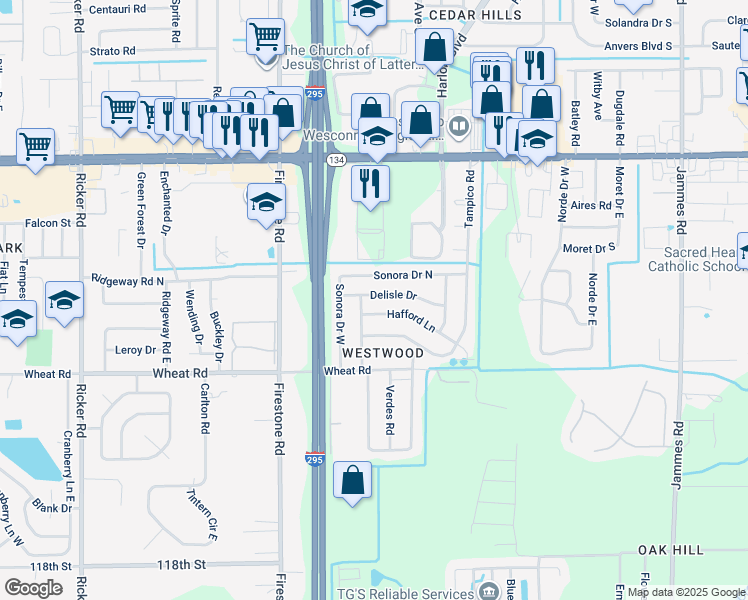 map of restaurants, bars, coffee shops, grocery stores, and more near 7028 Delisle Drive in Jacksonville