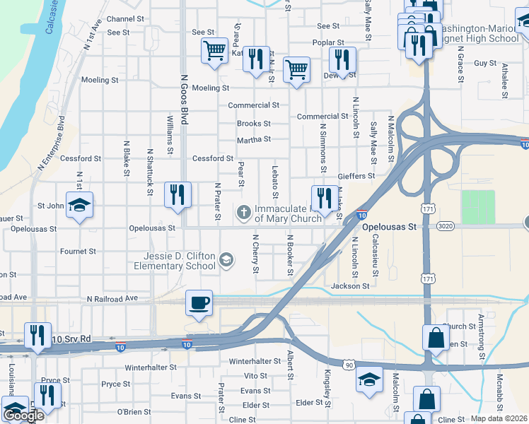 map of restaurants, bars, coffee shops, grocery stores, and more near 408 N Cherry St in Lake Charles