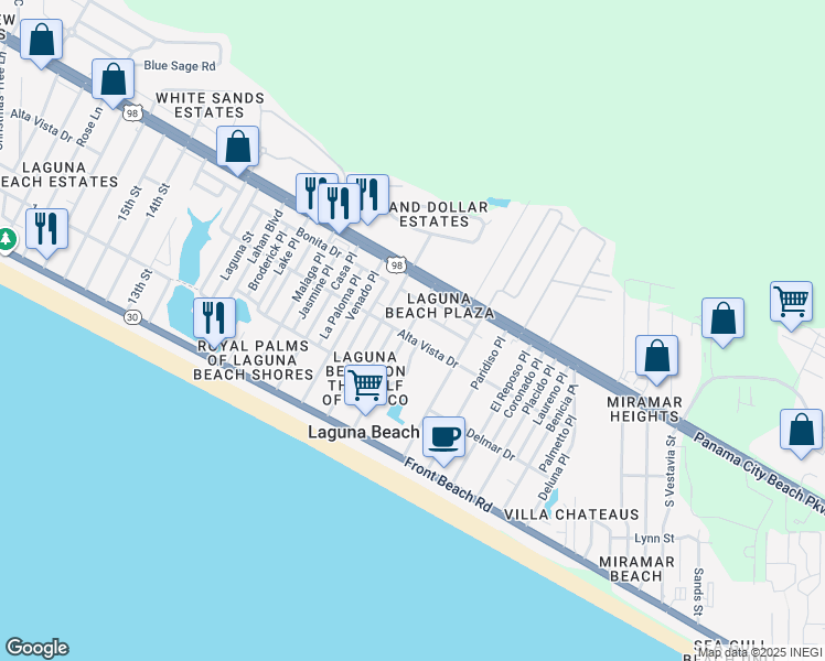 map of restaurants, bars, coffee shops, grocery stores, and more near 304 West Toledo Place in Panama City Beach