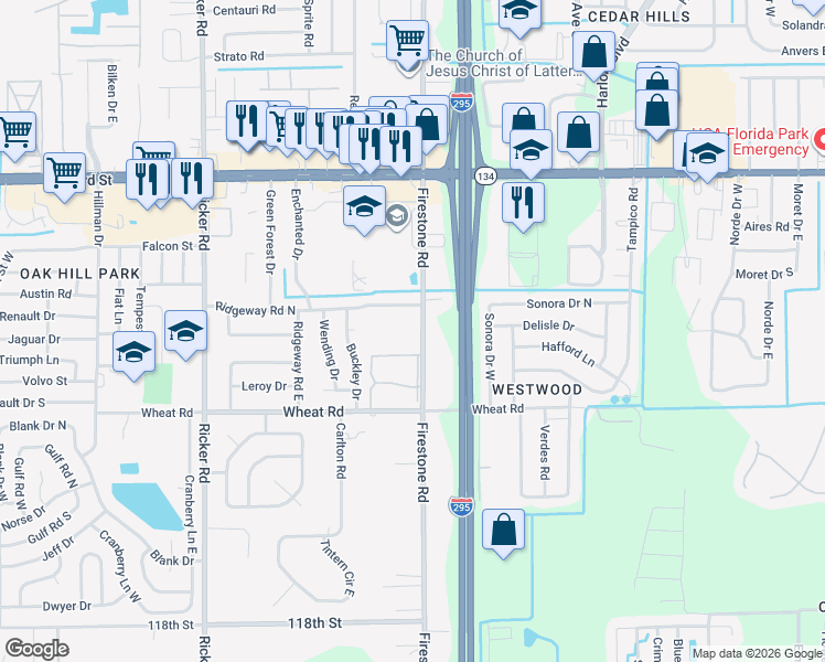 map of restaurants, bars, coffee shops, grocery stores, and more near 5806 Firestone Road in Jacksonville