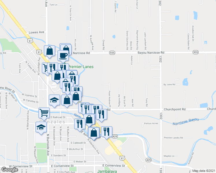 map of restaurants, bars, coffee shops, grocery stores, and more near 1027 Huey Andrew Avenue in Gonzales