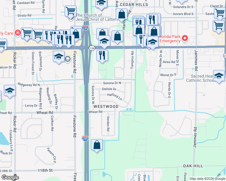map of restaurants, bars, coffee shops, grocery stores, and more near 6968 Delisle Drive in Jacksonville