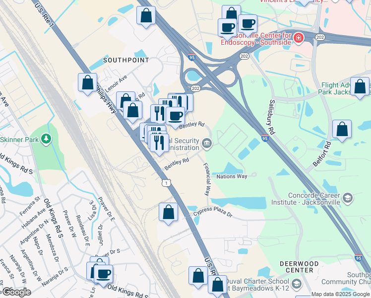 map of restaurants, bars, coffee shops, grocery stores, and more near 7151 Deerfoot Circle in Jacksonville