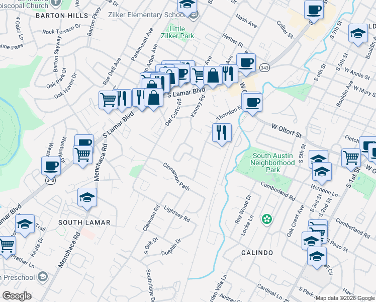 map of restaurants, bars, coffee shops, grocery stores, and more near 1704 Kinney Oaks Court in Austin