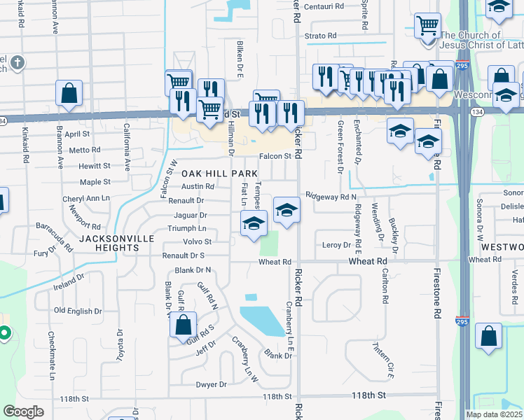 map of restaurants, bars, coffee shops, grocery stores, and more near 5773 Tempest Street in Jacksonville