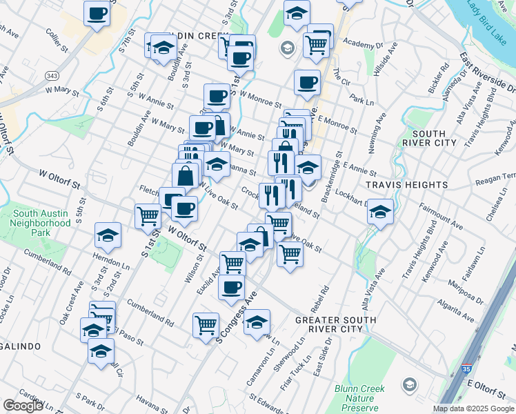 map of restaurants, bars, coffee shops, grocery stores, and more near 2106 Eva Street in Austin