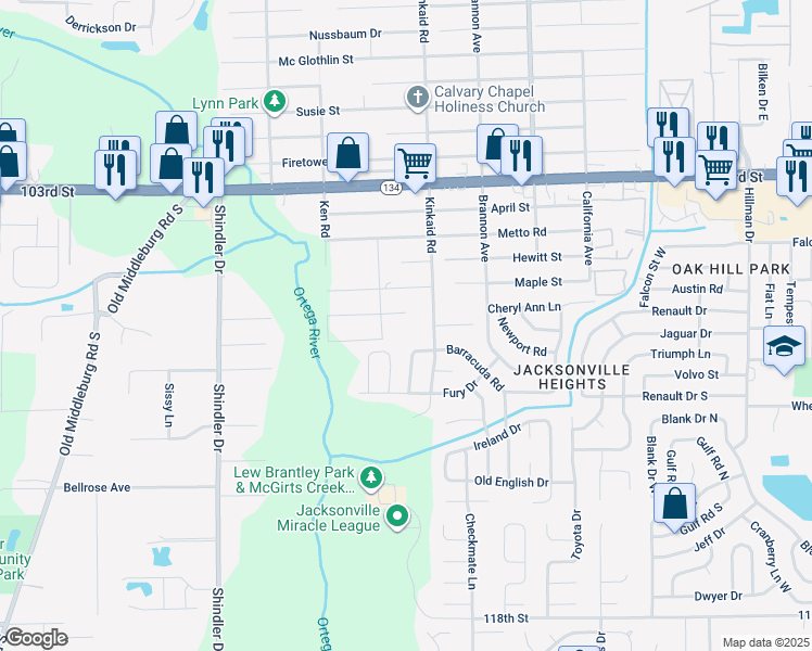map of restaurants, bars, coffee shops, grocery stores, and more near 5808 Kinkaid Road in Jacksonville
