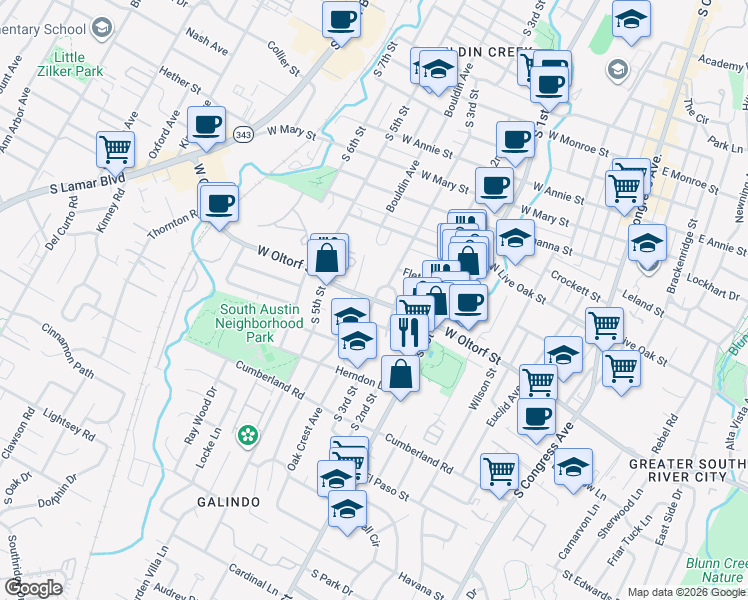 map of restaurants, bars, coffee shops, grocery stores, and more near West Oltorf Street in Austin
