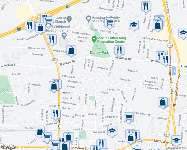 map of restaurants, bars, coffee shops, grocery stores, and more near 109 Happiness St in Lafayette