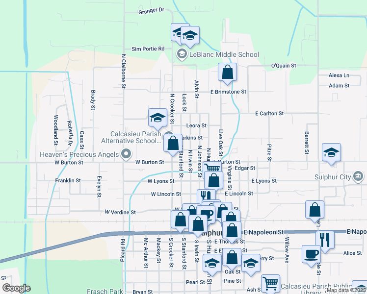 map of restaurants, bars, coffee shops, grocery stores, and more near 340 Park St in Sulphur