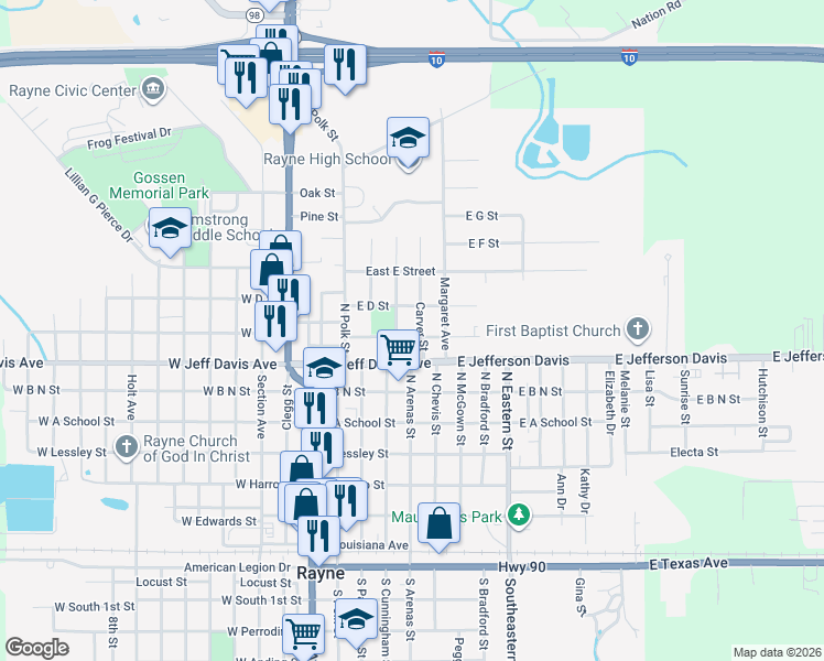 map of restaurants, bars, coffee shops, grocery stores, and more near 301-499 East C Street in Rayne