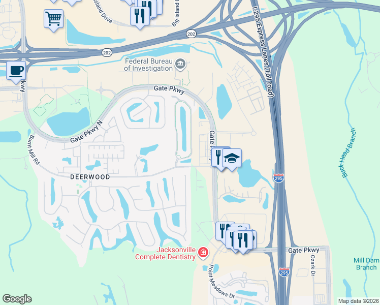 map of restaurants, bars, coffee shops, grocery stores, and more near 7586 Red Crane Lane in Jacksonville