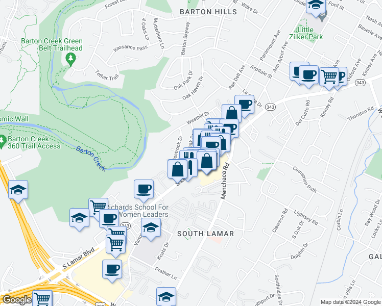 map of restaurants, bars, coffee shops, grocery stores, and more near 2310 Westoak Drive in Austin