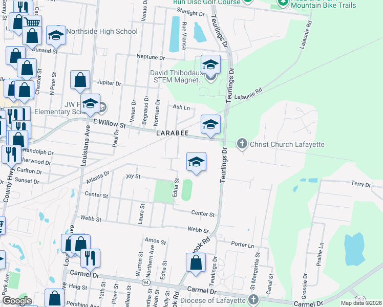 map of restaurants, bars, coffee shops, grocery stores, and more near 1408 East Willow Street in Lafayette