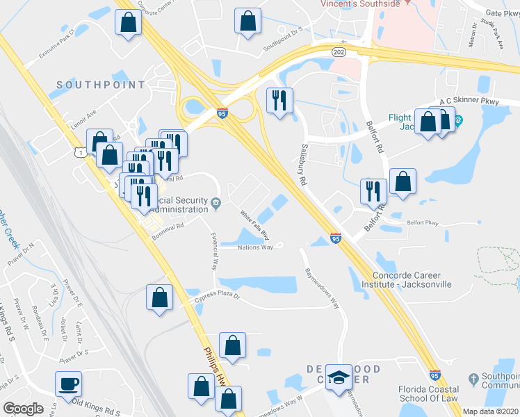 map of restaurants, bars, coffee shops, grocery stores, and more near 7067 Deer Lodge Circle in Jacksonville