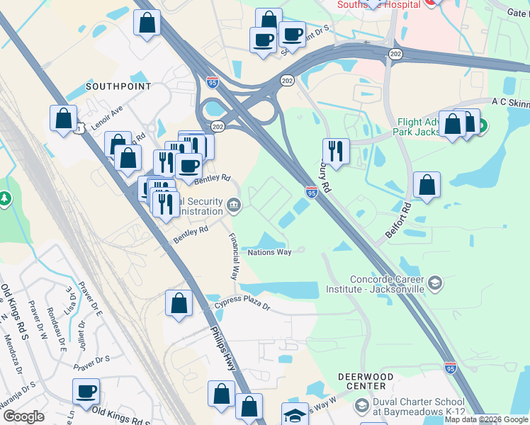 map of restaurants, bars, coffee shops, grocery stores, and more near 8200 White Falls Boulevard in Jacksonville
