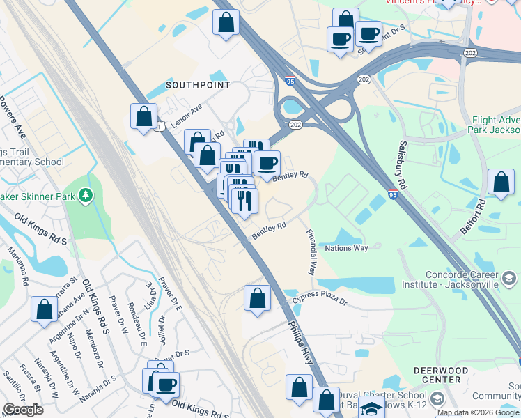 map of restaurants, bars, coffee shops, grocery stores, and more near 7226 Deerfoot Circle in Jacksonville