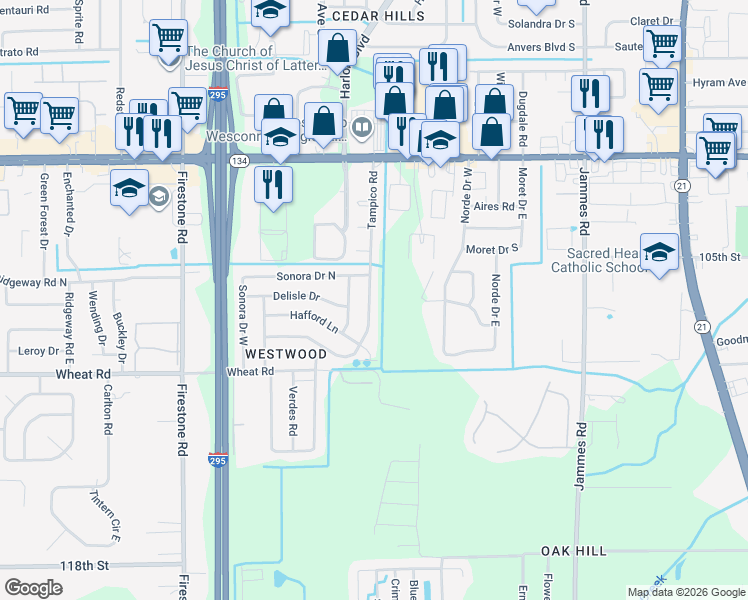 map of restaurants, bars, coffee shops, grocery stores, and more near 5823 Tampico Road in Jacksonville