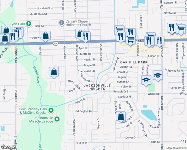 map of restaurants, bars, coffee shops, grocery stores, and more near 8157 Galaxie Drive in Jacksonville
