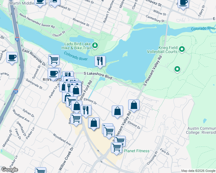 map of restaurants, bars, coffee shops, grocery stores, and more near 2300 Waterloo City Lane in Austin