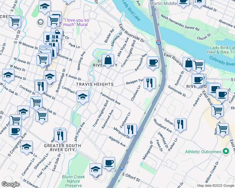 map of restaurants, bars, coffee shops, grocery stores, and more near 1702 Kenwood Avenue in Austin