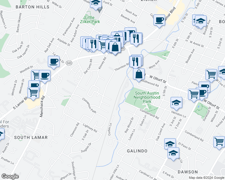 map of restaurants, bars, coffee shops, grocery stores, and more near 2413 Thornton Road in Austin